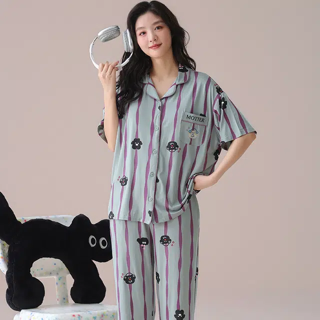 芬腾可安 气质家居服甜美带胸垫一体式短袖长裤大学生外出宿舍都可穿细腻舒适柔软亲肤睡衣套装 女款