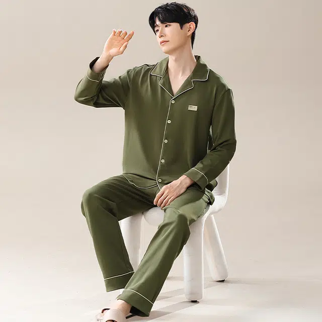 芬腾可安 家居服春夏秋季休闲纯棉简约翻领轻盈情侣款睡衣套装 男款