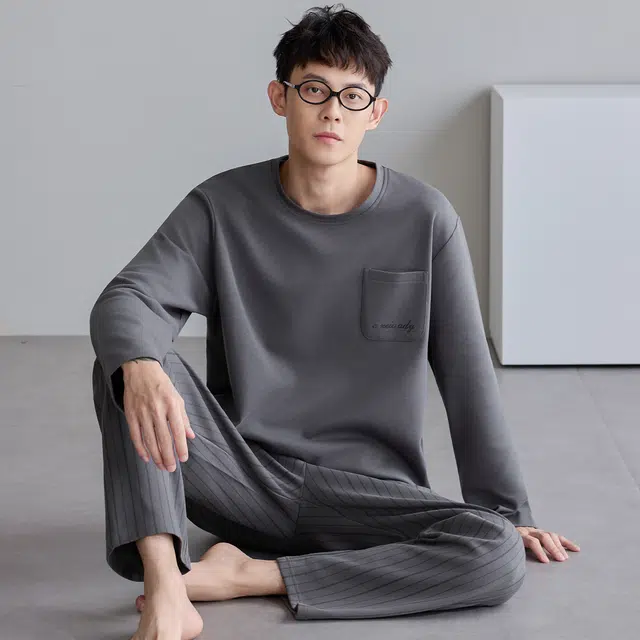 芬腾可安 纯棉气质外出可穿亲肤舒适春秋季休闲轻盈家居服睡衣套装 男款