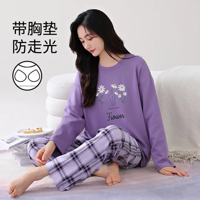 芬腾可安 家居服韩版经典简约带固定胸垫一体式轻熟风柔软亲肤外出可穿睡衣套装 女款