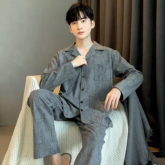 芬腾可安 外出可穿经典透气休闲舒适时尚高级感春秋纯棉气质家居服睡衣套装 男款