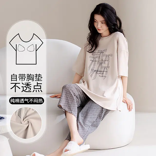 芬腾可安 家居服带胸垫一体式甜美透气简约大学生宿舍外出可穿亲肤轻熟风柔软短袖七分裤睡衣套装 女款