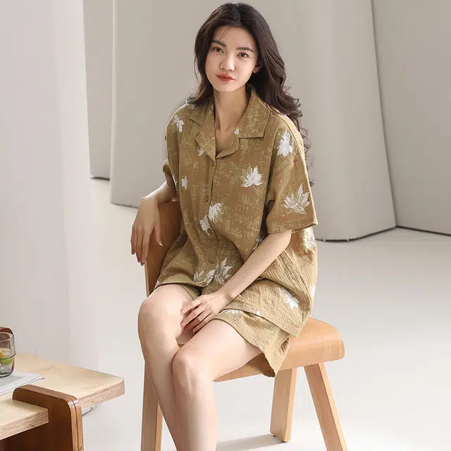 芬腾可安 情侣款亲肤韩版大学生轻盈休闲百搭显瘦舒适翻领轻便时尚带胸垫外出宿舍都可穿的家居服睡衣套装 男女同款