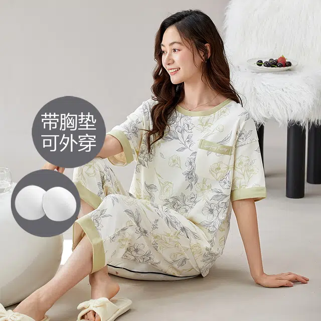 芬腾可安 可外穿的带杯垫休闲春夏秋季家居服睡衣套装 女款