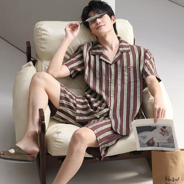 芬腾可安 情侣款亲肤韩版大学生轻盈休闲百搭显瘦舒适翻领时尚轻便带胸垫外出宿舍都可穿的家居服睡衣套装 男女同款