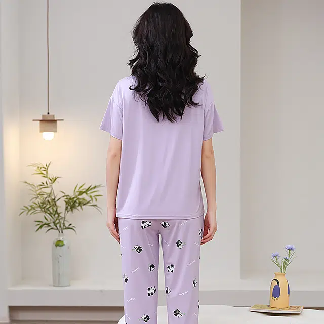 芬腾可安 春夏秋季纯棉韩版气质修身遮肉少女温柔大学生一体式带胸垫免穿文胸轻盈亲肤可外穿的两件短袖长裤家居服睡衣套装 女款