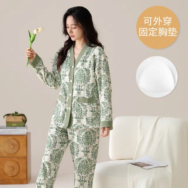 芬腾可安 春秋季简约宽松温柔设计感显瘦带胸垫少女感大码家居服睡衣套装 女款