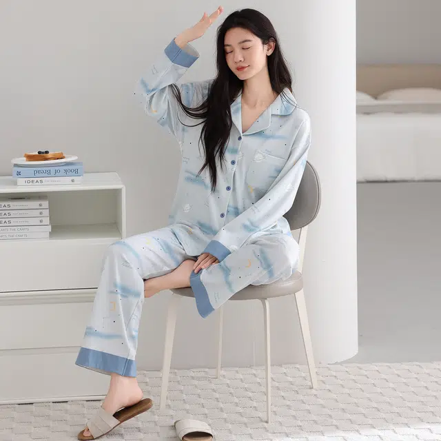 芬腾可安 纯棉简约显瘦少女舒适宽松翻领休闲开衫春秋时尚亲肤家居服睡衣套装 女款