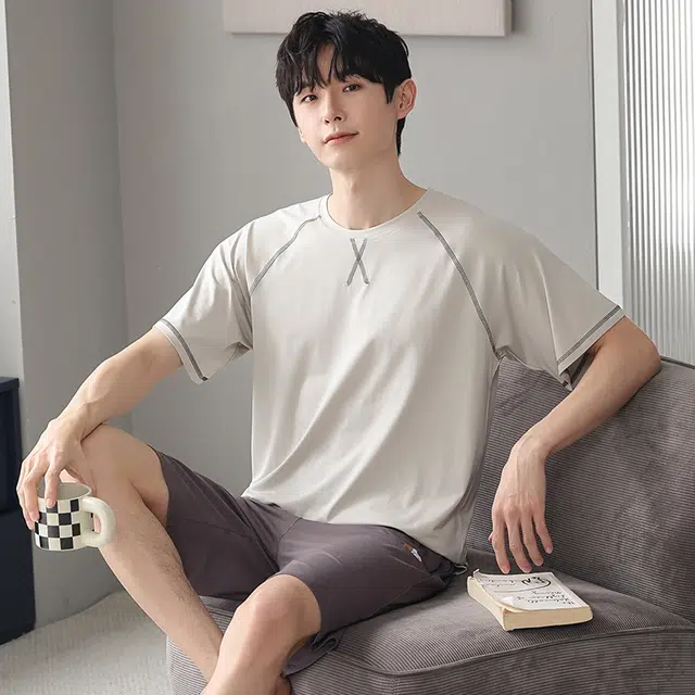芬腾可安 可外穿的家居服显瘦青春大学生轻盈休闲细腻遮肉个性舒适圆领宽松短袖五分裤春夏季睡衣套装 男款