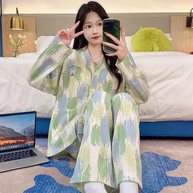芬腾可安 春秋亲肤可外穿和服领带胸垫一体式开衫家居服睡衣套装 女款
