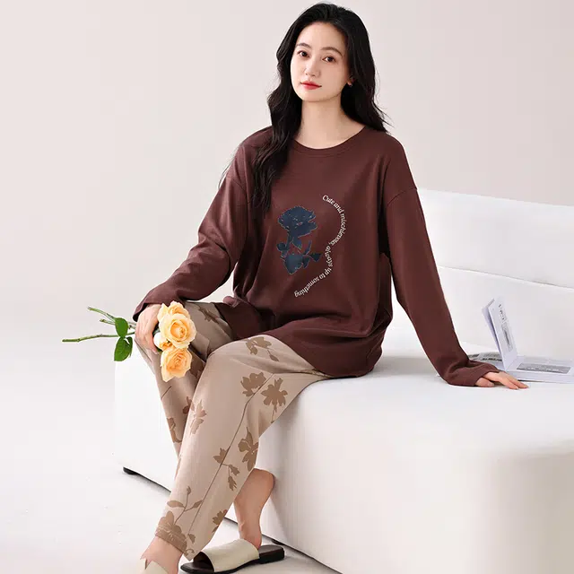 芬腾可安 家居服纯棉经典带胸垫一体式轻熟风柔软亲肤遮肉韩版轻盈简约外出可穿长袖长裤秋冬季睡衣套装 女款