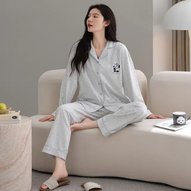 芬腾可安 纯棉简约显瘦亲肤翻领舒适开衫少女时尚休闲春秋宽松家居服睡衣套装 女款