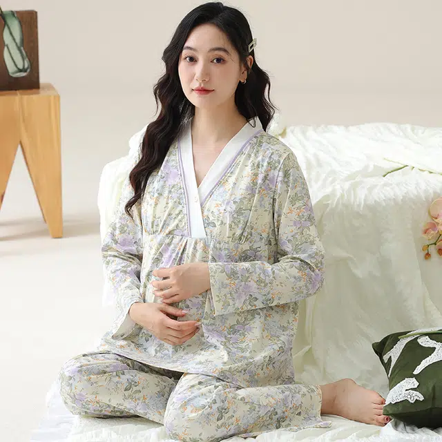 芬腾可安 外出可穿柔软舒适自带杯垫春秋哺乳期可穿月子家居服睡衣套装 女款