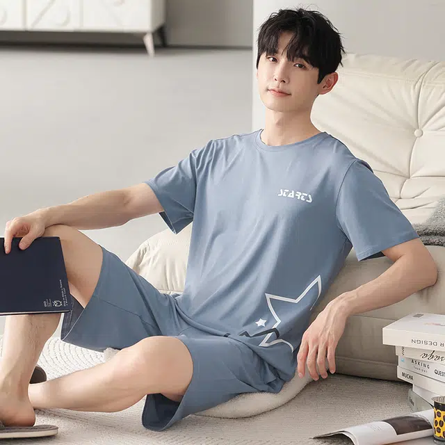 芬腾可安 可外穿的家居服大学生轻盈休闲细腻遮肉个性舒适显瘦圆领宽松青春短袖五分裤春夏季睡衣套装 男款