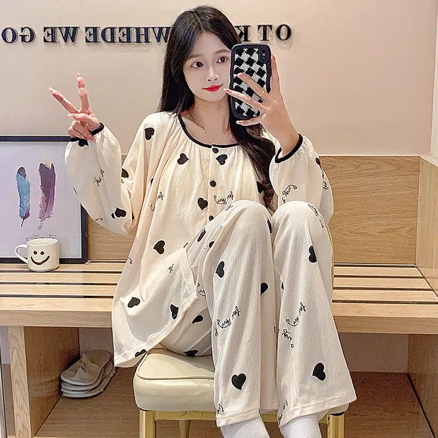 芬腾可安 可外穿的春秋杯垫一体休闲亲肤舒适少女简约家居服睡衣套装 女款