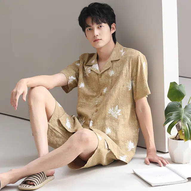 芬腾可安 情侣款亲肤韩版大学生轻盈休闲百搭显瘦舒适翻领轻便时尚带胸垫外出宿舍都可穿的家居服睡衣套装 男女同款
