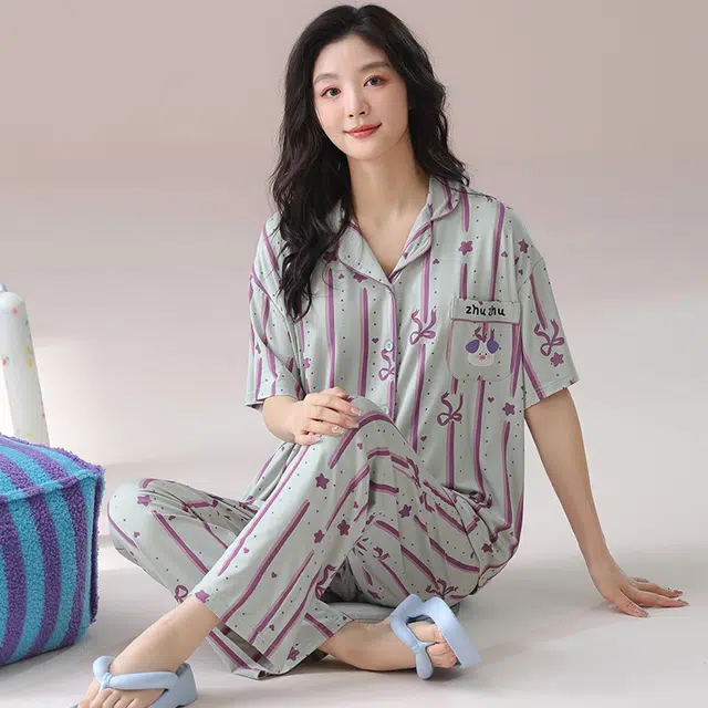芬腾可安 气质家居服带胸垫一体式短袖长裤甜美大学生外出宿舍都可穿细腻舒适柔软亲肤睡衣套装 女款