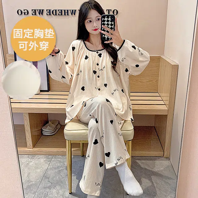芬腾可安 可外穿的春秋杯垫一体休闲亲肤舒适少女简约家居服睡衣套装 女款