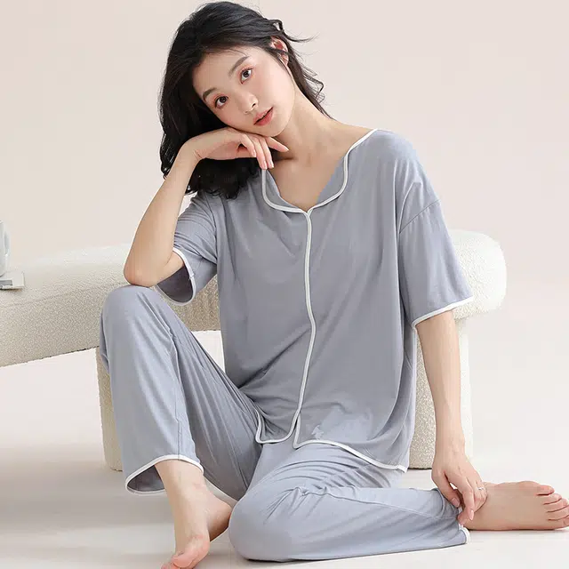 芬腾可安 舒适柔软气质家居服带胸垫休闲一体式短袖长裤甜美细腻大学生亲肤宿舍外出都可穿睡衣套装 女款