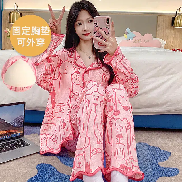 芬腾可安 可外穿春秋少女开衫轻盈杯垫一体亲肤舒适家居服睡衣套装 女款