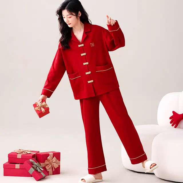 芬腾可安 情侣款春秋本命年亲肤少女气质柔软舒适家居服睡衣套装 女款