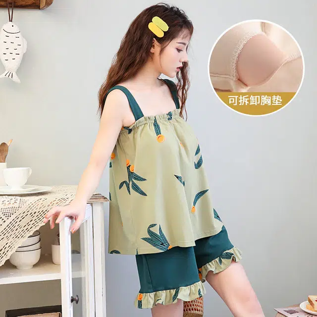 芬腾可安 可外穿春夏季清新亲肤公主风带胸垫简约透气家居服睡衣套装 女款