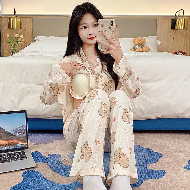 芬腾可安 春秋亲肤可外穿一体式带胸垫和服领开衫家居服睡衣套装 女款