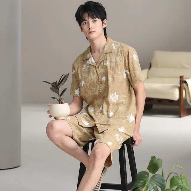 芬腾可安 情侣款亲肤韩版大学生轻盈休闲百搭显瘦舒适翻领轻便时尚带胸垫外出宿舍都可穿的家居服睡衣套装 男女同款