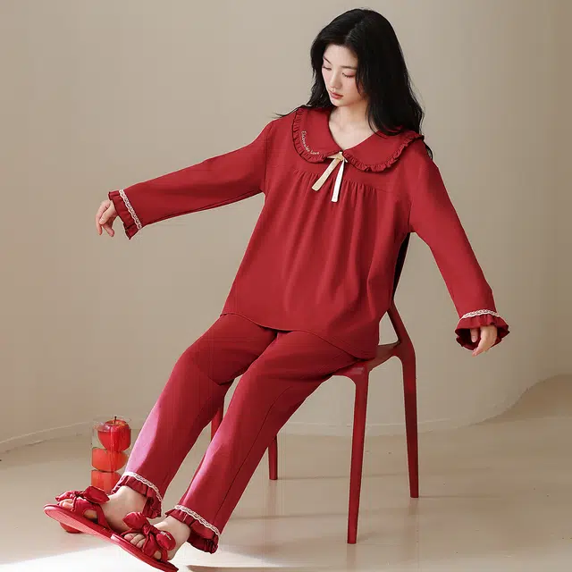 芬腾可安 情侣款秋冬季简约双面纯棉喜庆舒适显瘦亲肤家居服睡衣套装 女款