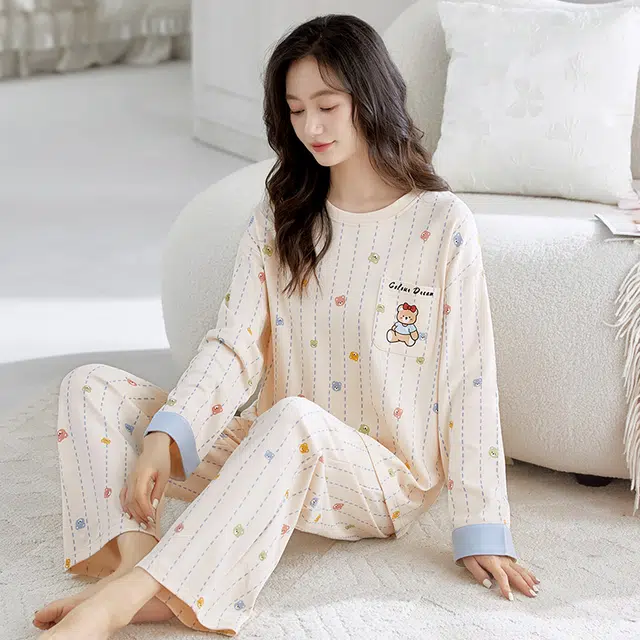 芬腾可安 春秋季简约纯棉设计感少女感显瘦遮肉家居服睡衣套装 女款
