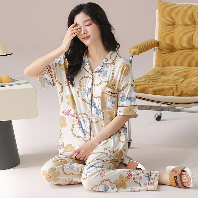 芬腾可安 气质家居服带胸垫一体式短袖长裤时尚甜美柔软亲肤大学生宿舍外出都可穿细腻舒适睡衣套装 女款
