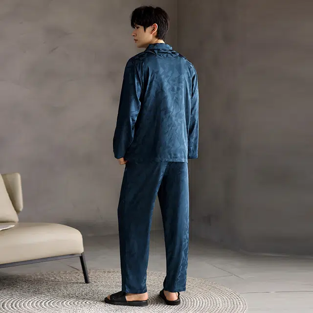 芬腾可安 春秋简约经典冰丝宽松家居服开衫外出可穿睡衣套装 男款