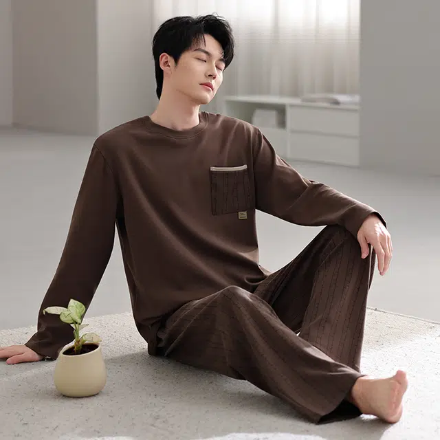 芬腾可安 秋冬外出可穿的经典纯棉长袖加大码数家居服睡衣套装 男款