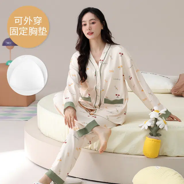 芬腾可安 外出可穿春秋季简约宽松温柔设计感显瘦带胸垫大码少女感家居服睡衣套装 女款