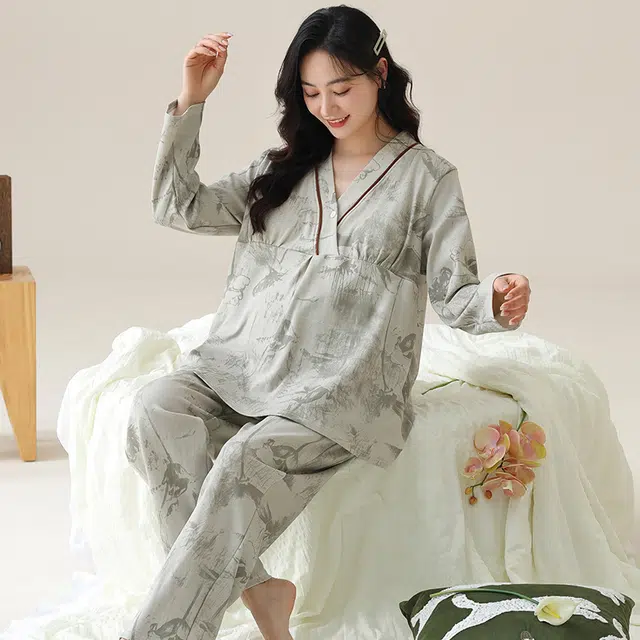 芬腾可安 春秋外出可穿柔软舒适自带杯垫哺乳期可穿月子家居服睡衣套装 女款