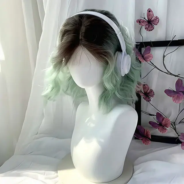 右西 夏日青柠  短款中分刘海短卷发  爆顶染 薄荷绿渐变 假发女  全头套
