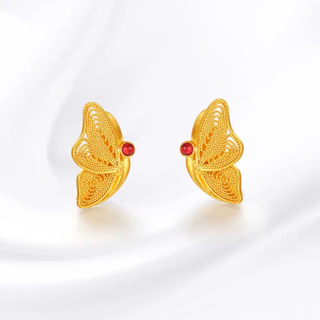 世纪缘珠宝 古法金花丝蝴蝶耳饰 足金 按克计价 黄金耳钉 女款