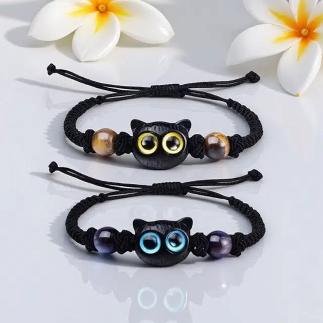 壹金金 小黑猫咪新中式复古简约小众设计高级感 卡通可爱呆萌猫猫 可调节 编绳 手绳 男女同款情侣款