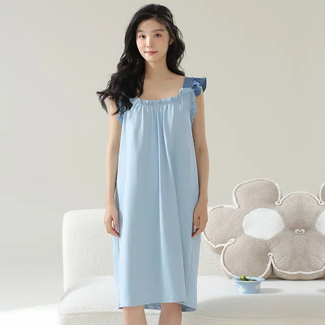 品彩 纯色纯棉无袖家居服夏季睡裙 女款