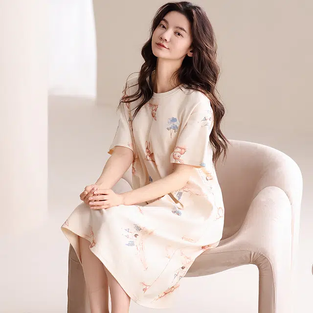 品彩 纯棉套头短袖带胸垫夏季睡裙 女款