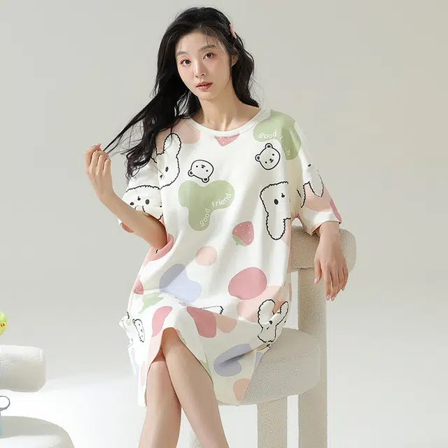 品彩 薄款纯棉套头短袖睡衣睡裙 女款