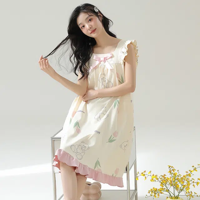 品彩 纯棉凉感薄款可爱风百搭无袖睡裙 女款