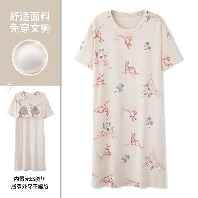 品彩 纯棉套头短袖带胸垫夏季睡裙 女款