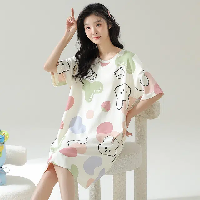 品彩 薄款纯棉套头短袖睡衣睡裙 女款