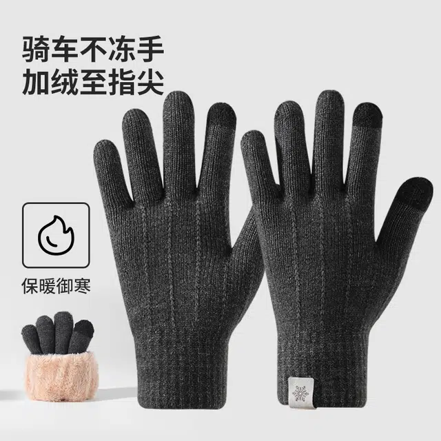 俞兆林 加厚保暖开车 户外骑行电动车防风防寒简约百搭加绒针织可触屏 锦纶 绒线手套 男款