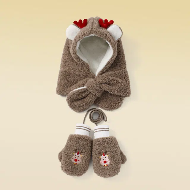 俞兆林 小学生帽子围巾手套三件套冬季加绒加厚可爱女孩一体帽保暖防风帽 聚酯纤维 绒线帽 儿童款