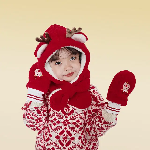 俞兆林 小学生帽子围巾手套三件套冬季加绒加厚可爱女孩一体帽保暖防风帽 聚酯纤维 绒线帽 儿童款