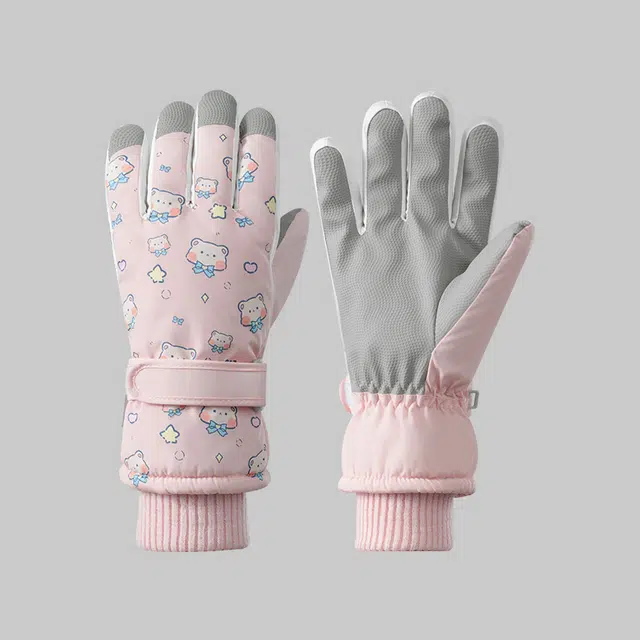 俞兆林 女士冬季骑车加绒加厚保暖可爱小熊秋冬登山滑雪防泼水骑电动车防风防寒 聚酯纤维 手套 女款