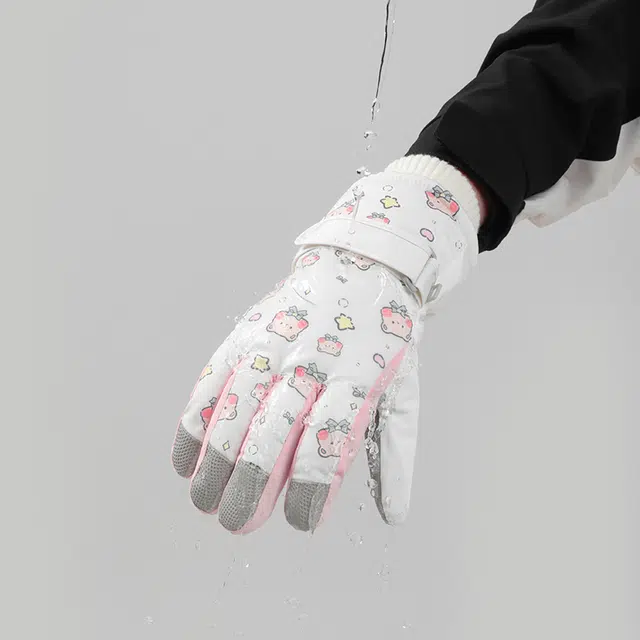 俞兆林 女士冬季骑车加绒加厚保暖可爱小熊秋冬登山滑雪防泼水骑电动车防风防寒 聚酯纤维 手套 女款