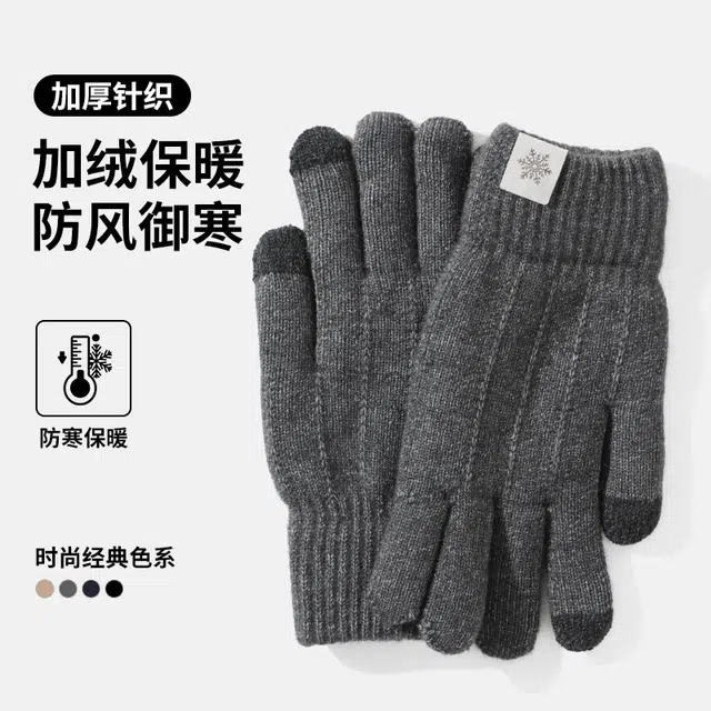 俞兆林 加厚保暖开车 户外骑行电动车防风防寒简约百搭加绒针织可触屏 锦纶 绒线手套 男款
